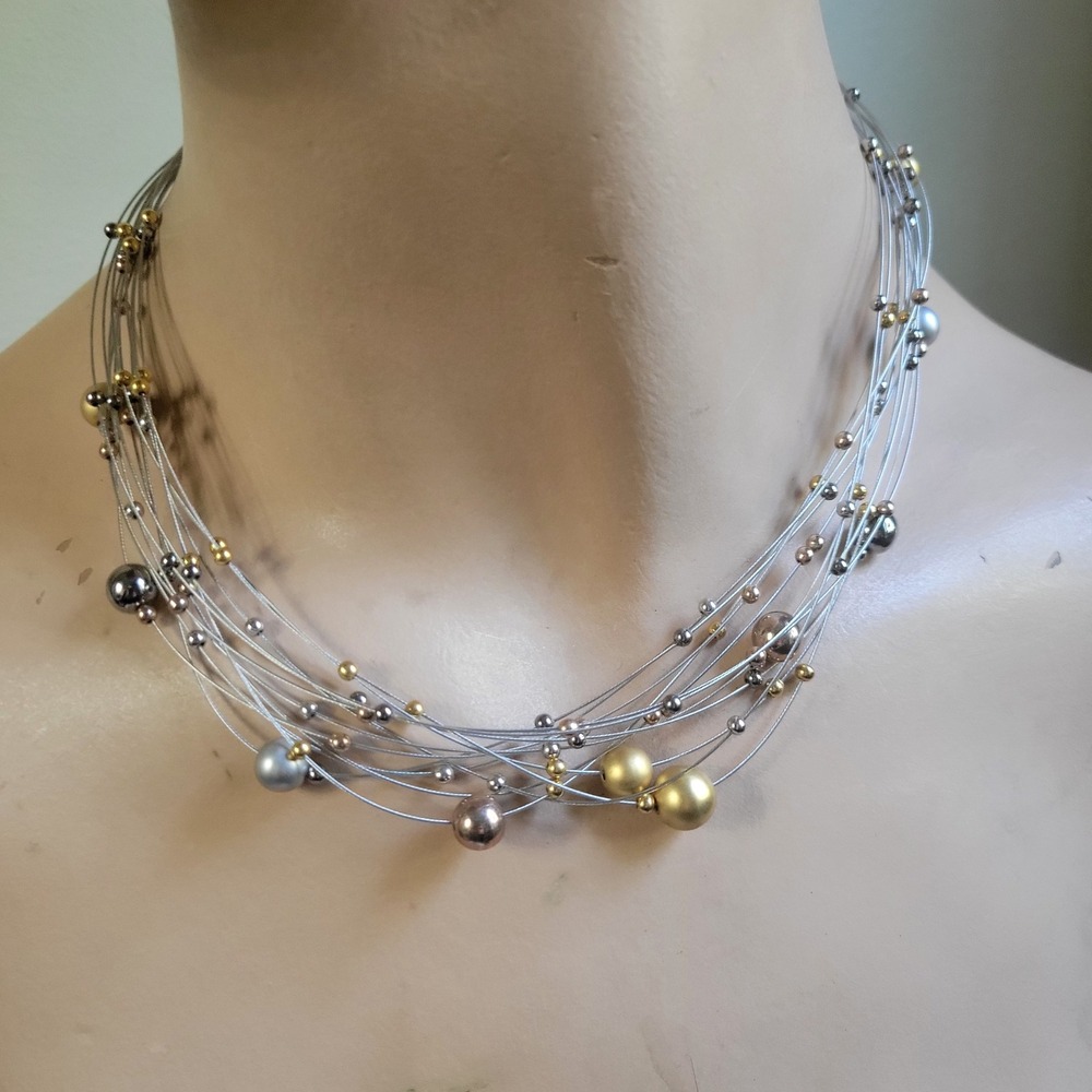 Vintage Multi Strand Illusion‎ Bead Necklace Gold Silver Mixed Metal Minimal 90s